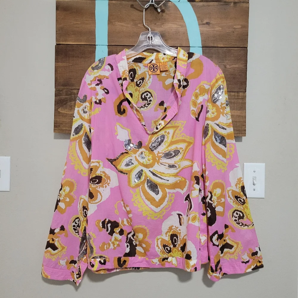 Tory Burch Floral Pink Sequence Long Sleeve Tunic Top Cover Up Lightweight Large
